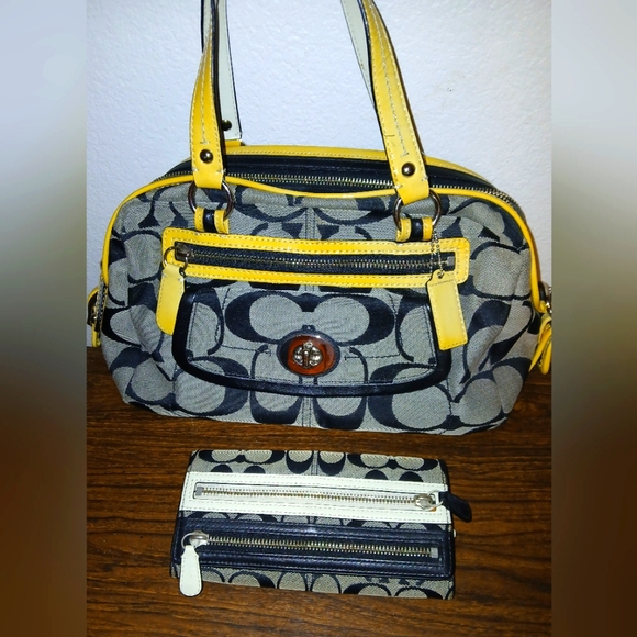 Vintage Coach Signature Bonnie Double  Zipper Top Handle Bag With Matching Walle - Picture 1 of 8